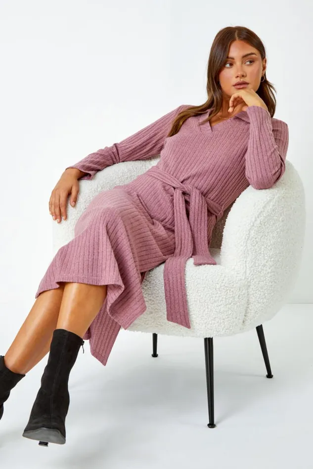 Rose Ribbed Midi Jumper Stretch Dress Women Roman Dresses