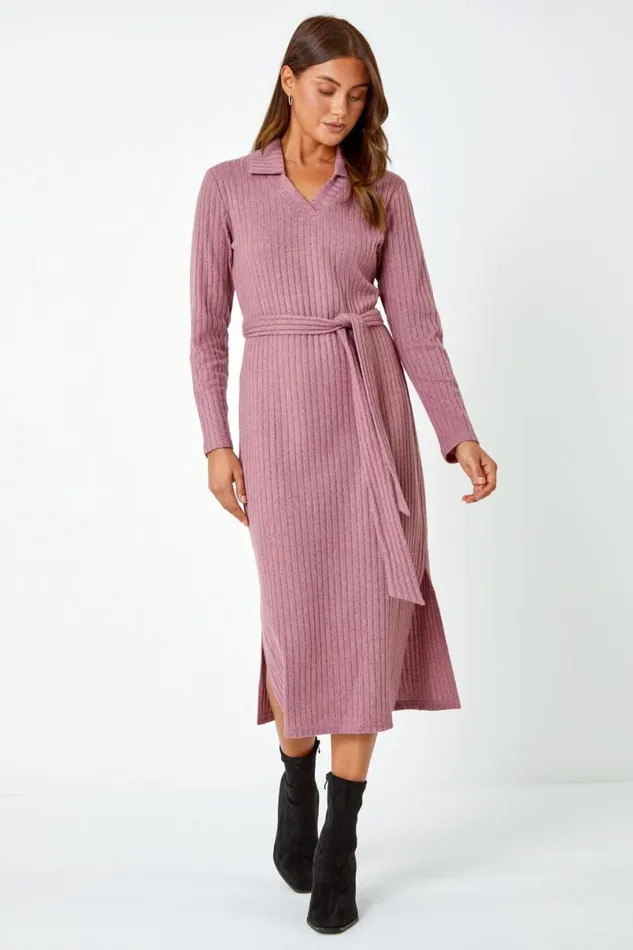 Rose Ribbed Midi Jumper Stretch Dress Women Roman Dresses