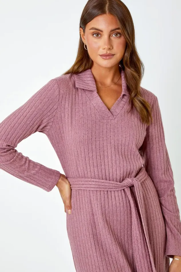Rose Ribbed Midi Jumper Stretch Dress Women Roman Dresses
