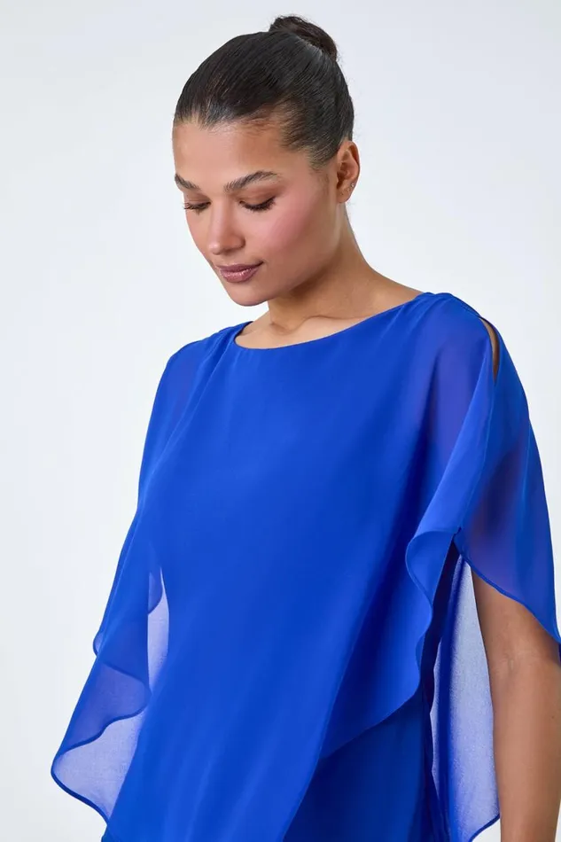 Royal Blue Asymmetric Cold Shoulder Stretch Top Women Roman Tops