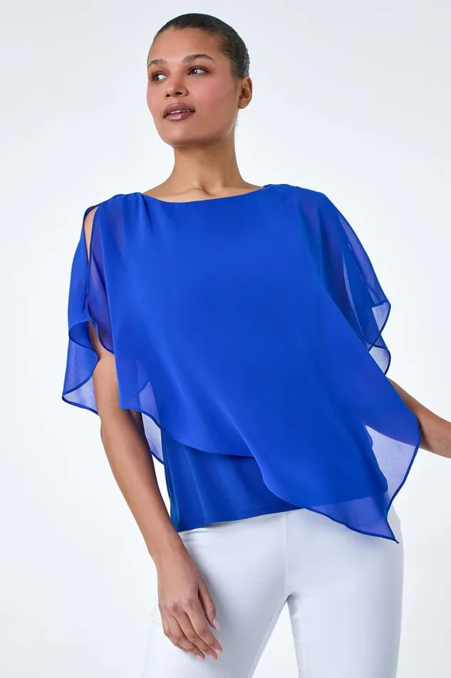 Royal Blue Asymmetric Cold Shoulder Stretch Top Women Roman Tops