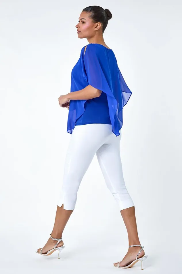 Royal Blue Asymmetric Cold Shoulder Stretch Top Women Roman Tops