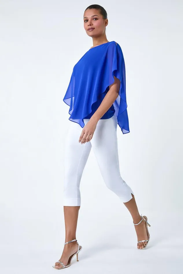 Royal Blue Asymmetric Cold Shoulder Stretch Top Women Roman Tops