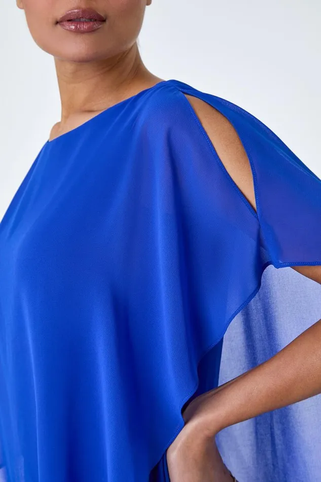 Royal Blue Asymmetric Cold Shoulder Stretch Top Women Roman Tops