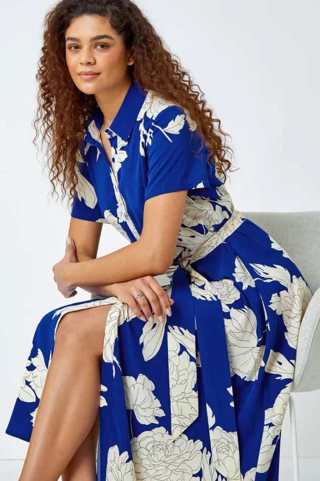Royal Blue Contrast Floral Print Shirt Dress Women Roman Dresses
