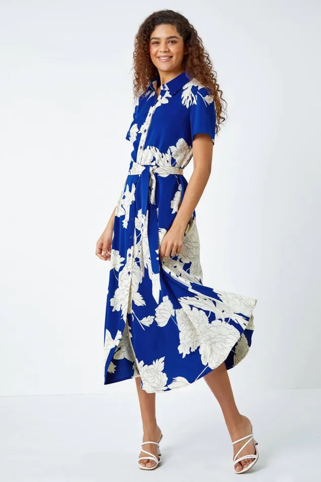 Royal Blue Contrast Floral Print Shirt Dress Women Roman Dresses