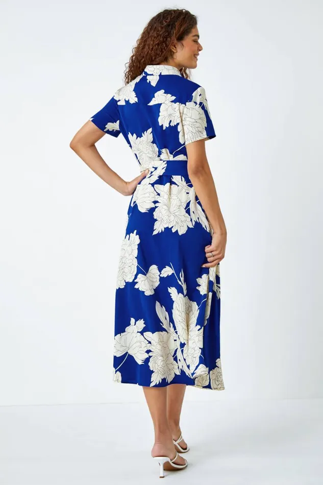 Royal Blue Contrast Floral Print Shirt Dress Women Roman Dresses