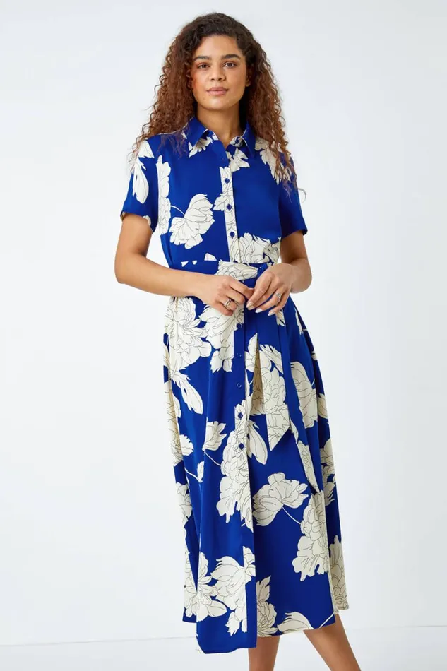 Royal Blue Contrast Floral Print Shirt Dress Women Roman Dresses