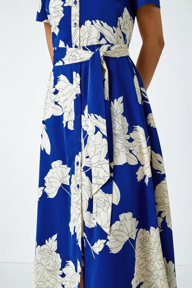 Royal Blue Contrast Floral Print Shirt Dress Women Roman Dresses