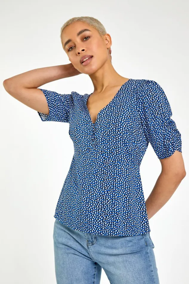 Royal Blue Ditsy Spot Button Detail Top Women Roman Tops
