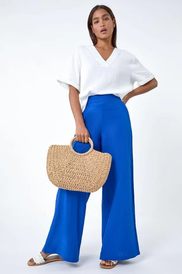 Royal Blue Linen Blend Elastic Waist Wide Leg Trousers Women Roman Trousers