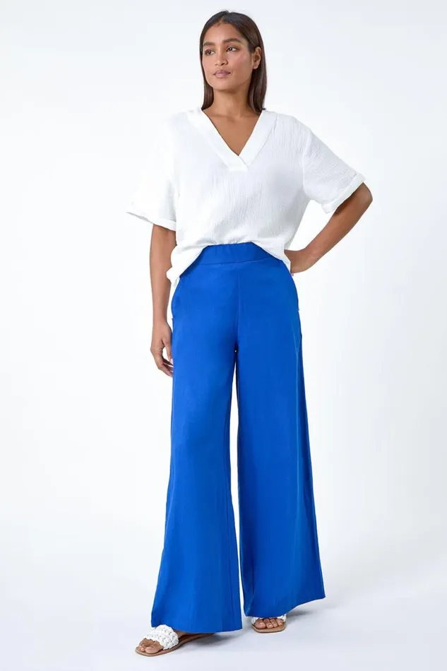 Royal Blue Linen Blend Elastic Waist Wide Leg Trousers Women Roman Trousers