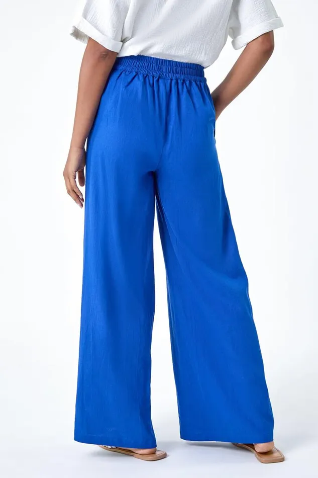 Royal Blue Linen Blend Elastic Waist Wide Leg Trousers Women Roman Trousers