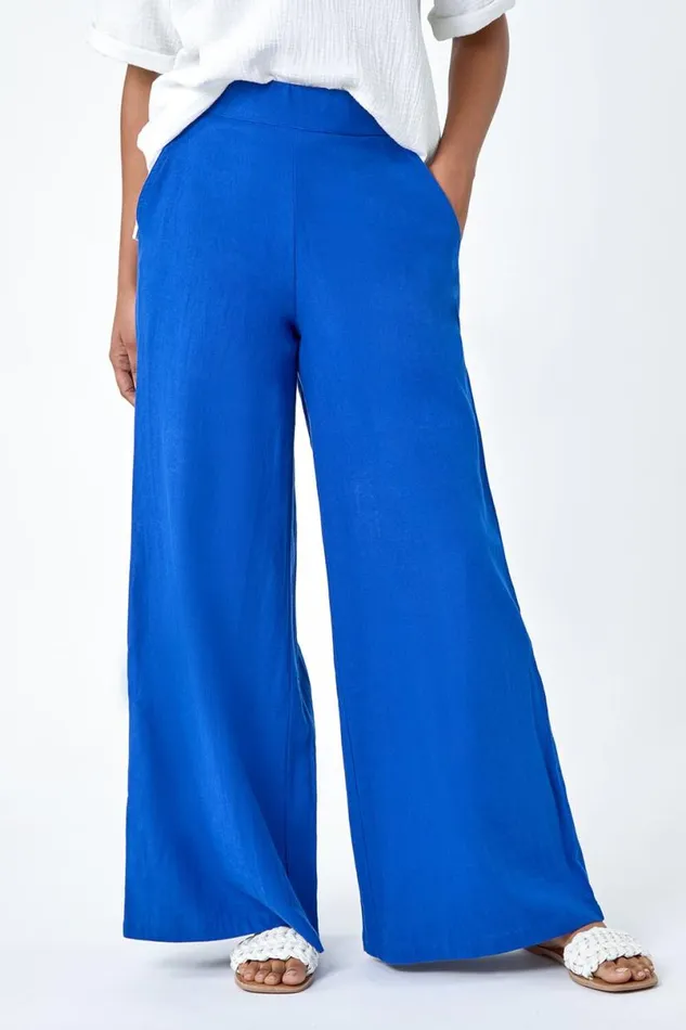 Royal Blue Linen Blend Elastic Waist Wide Leg Trousers Women Roman Trousers