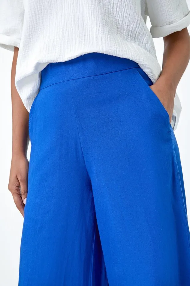 Royal Blue Linen Blend Elastic Waist Wide Leg Trousers Women Roman Trousers