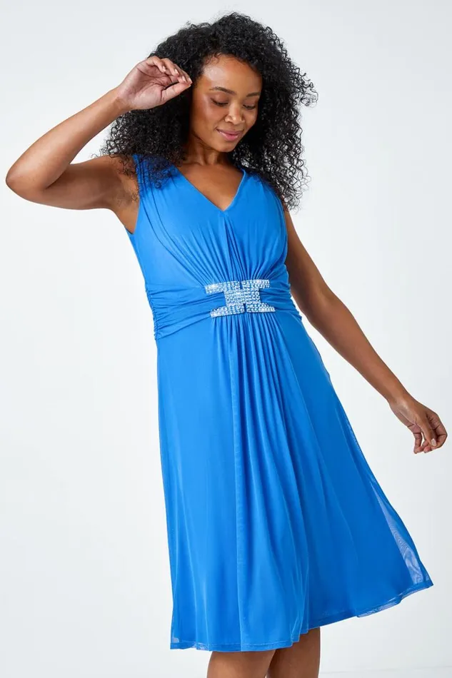 Royal Blue Petite Embellished Waist Stretch Chiffon Dress Women Roman Dresses