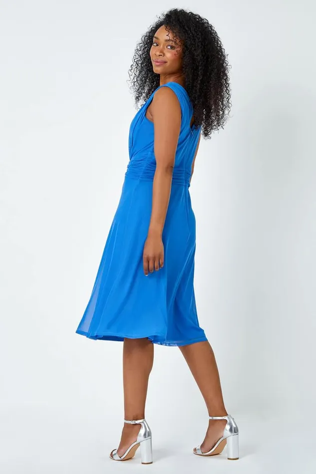 Royal Blue Petite Embellished Waist Stretch Chiffon Dress Women Roman Dresses