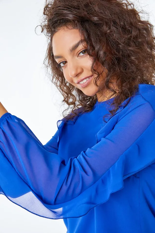 Royal Blue Petite Frill Sleeve Chiffon Top Women Roman Tops
