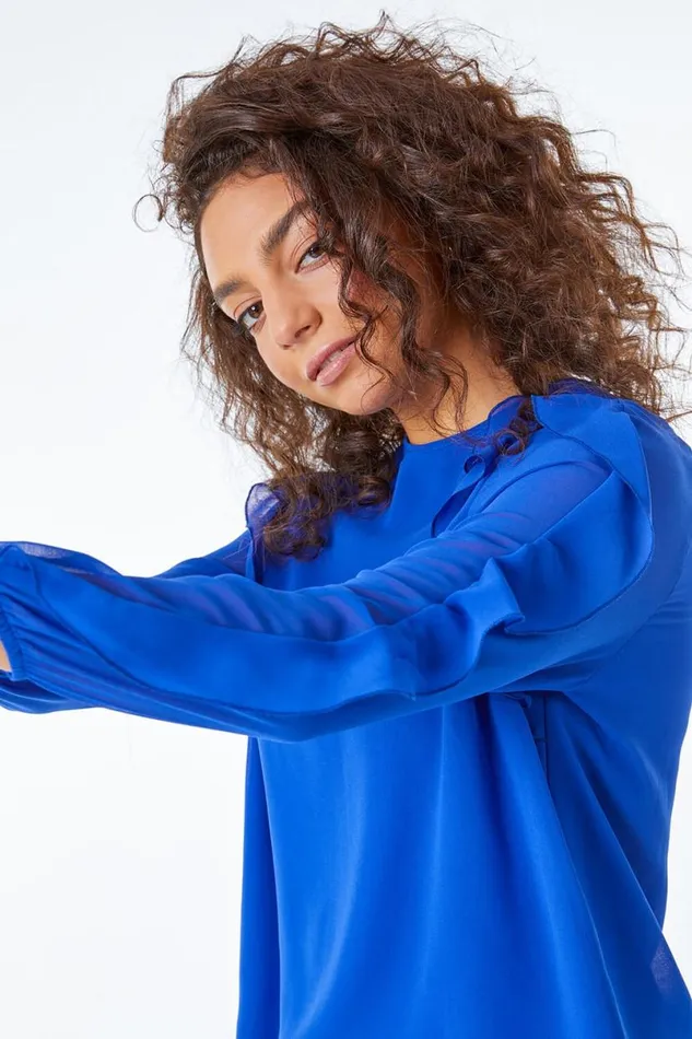 Royal Blue Petite Frill Sleeve Chiffon Top Women Roman Tops