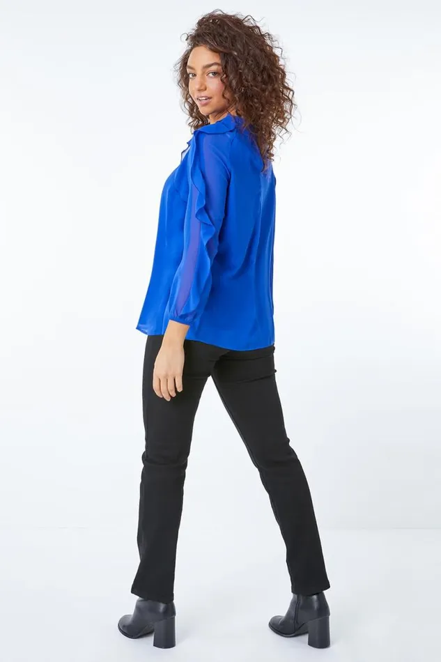 Royal Blue Petite Frill Sleeve Chiffon Top Women Roman Tops