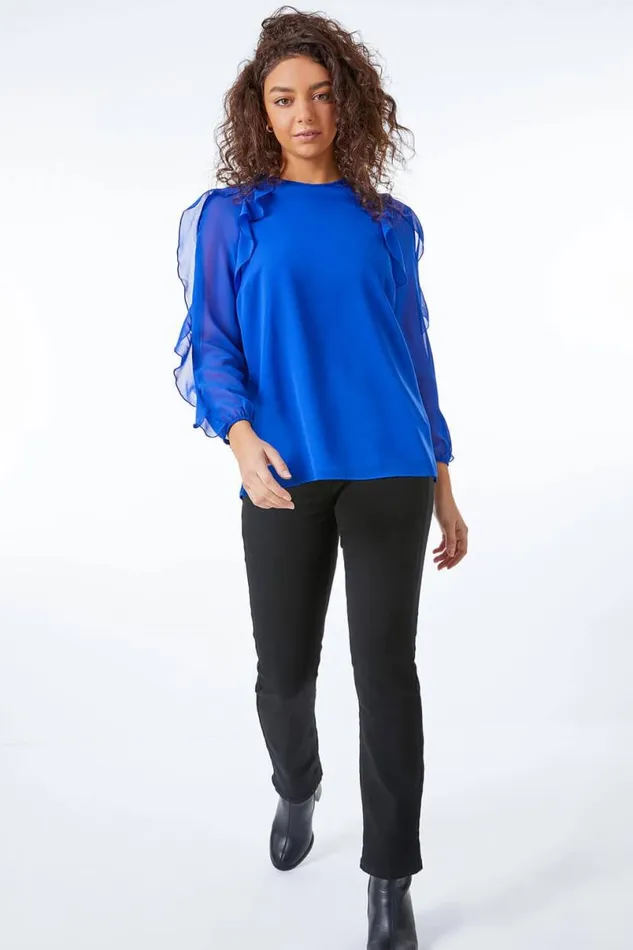 Royal Blue Petite Frill Sleeve Chiffon Top Women Roman Tops