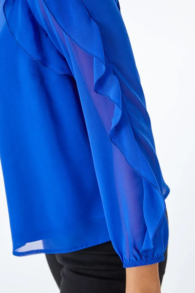 Royal Blue Petite Frill Sleeve Chiffon Top Women Roman Tops