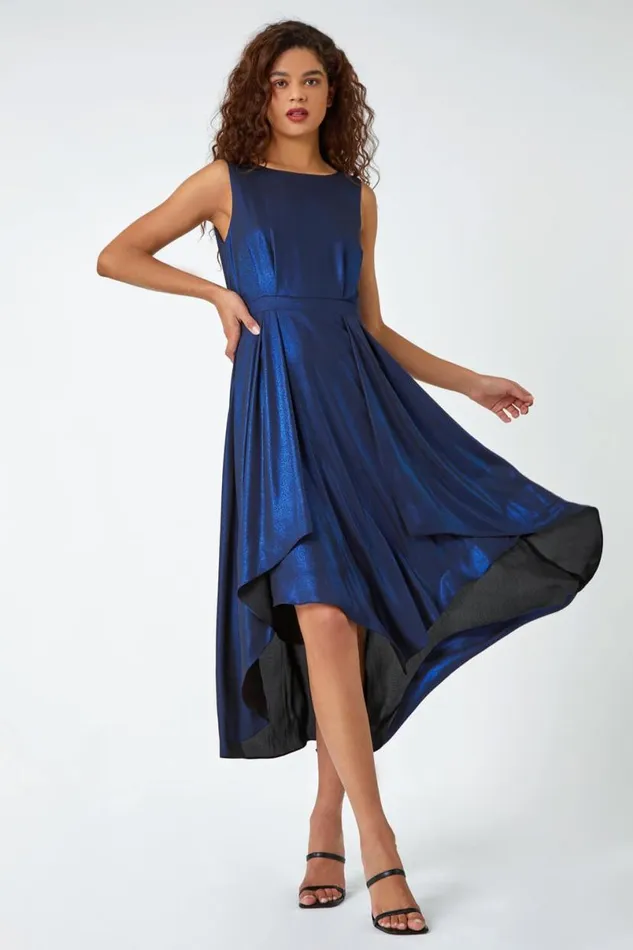 Royal Blue Pleat Detail Shimmer Midi Dress Women Roman Dresses