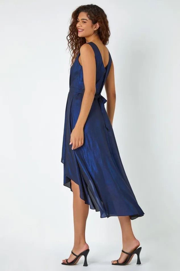 Royal Blue Pleat Detail Shimmer Midi Dress Women Roman Dresses