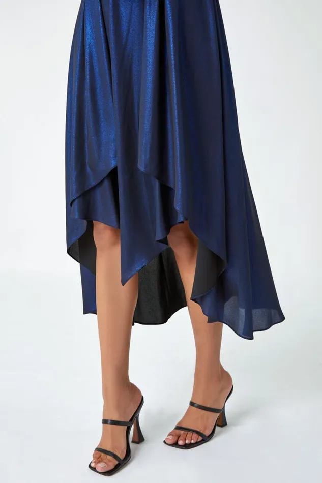 Royal Blue Pleat Detail Shimmer Midi Dress Women Roman Dresses