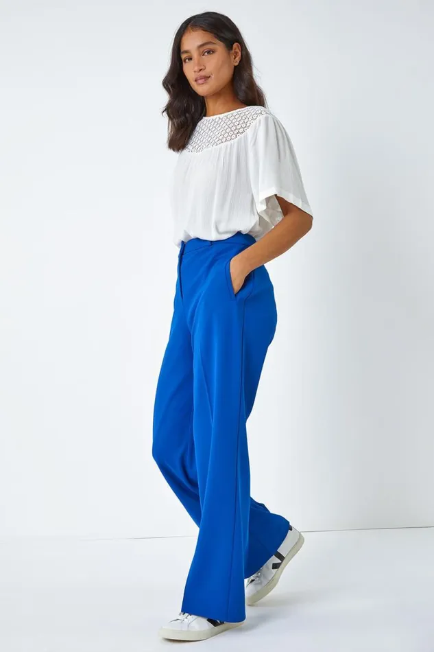 Royal Blue Wide Leg Premium Stretch Trousers Women Roman Occasionwear