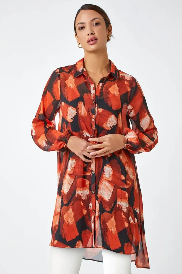 Rust Abstract Print Longline Blouse Women Roman Tops