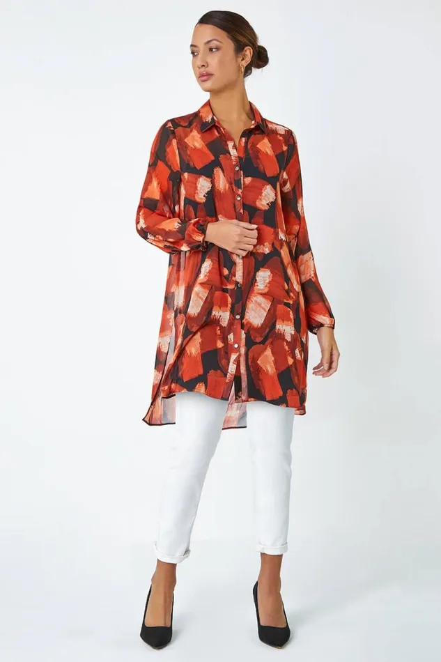 Rust Abstract Print Longline Blouse Women Roman Tops