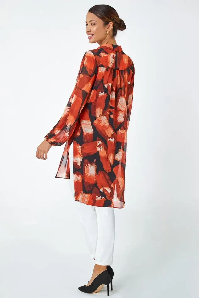 Rust Abstract Print Longline Blouse Women Roman Tops