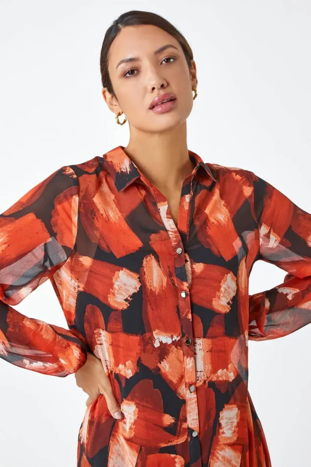 Rust Abstract Print Longline Blouse Women Roman Tops