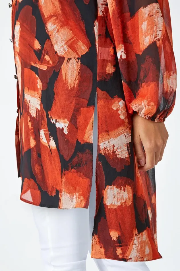 Rust Abstract Print Longline Blouse Women Roman Tops
