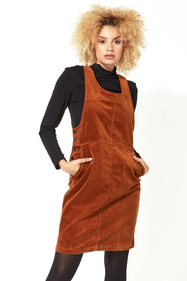 Rust Button Corduroy Pinafore Dress Women Roman Dresses