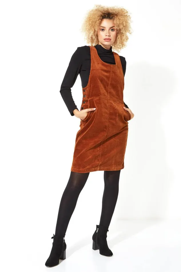 Rust Button Corduroy Pinafore Dress Women Roman Dresses