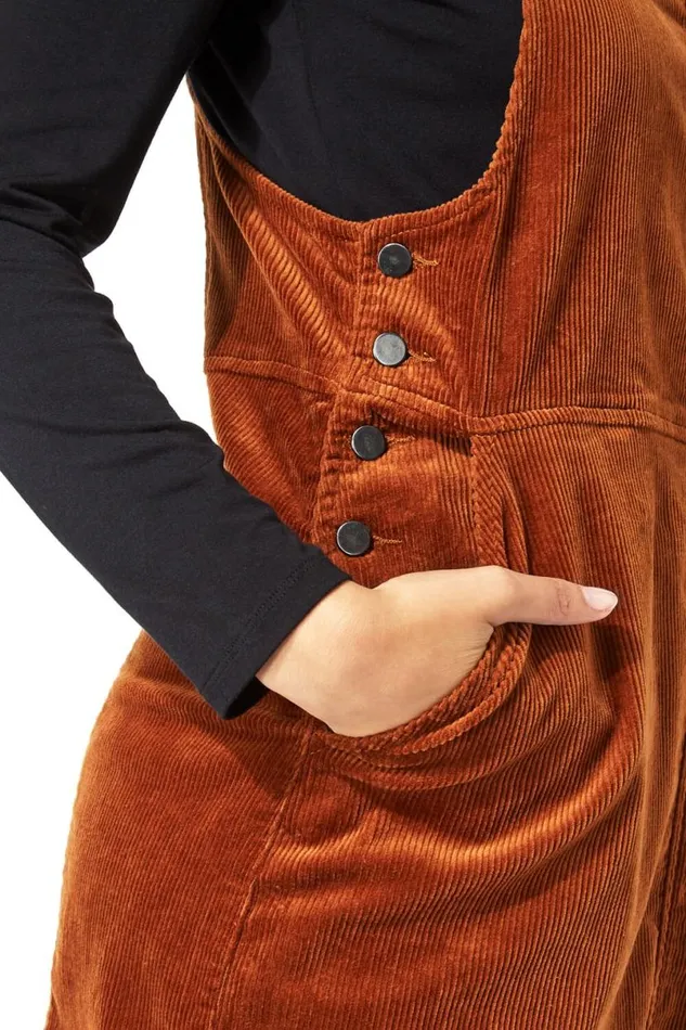 Rust Button Corduroy Pinafore Dress Women Roman Dresses