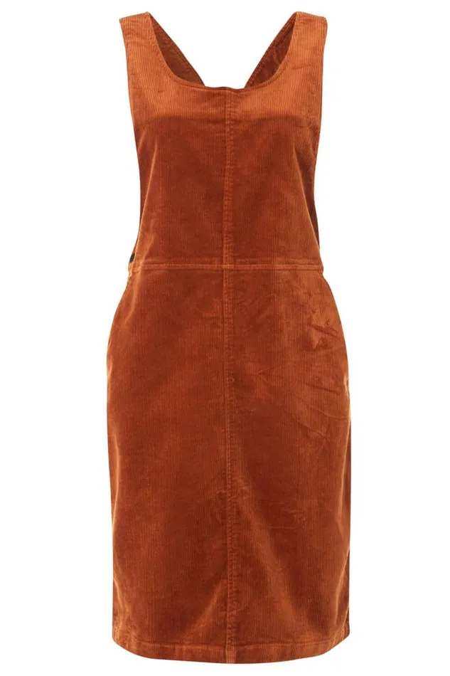 Rust Button Corduroy Pinafore Dress Women Roman Dresses