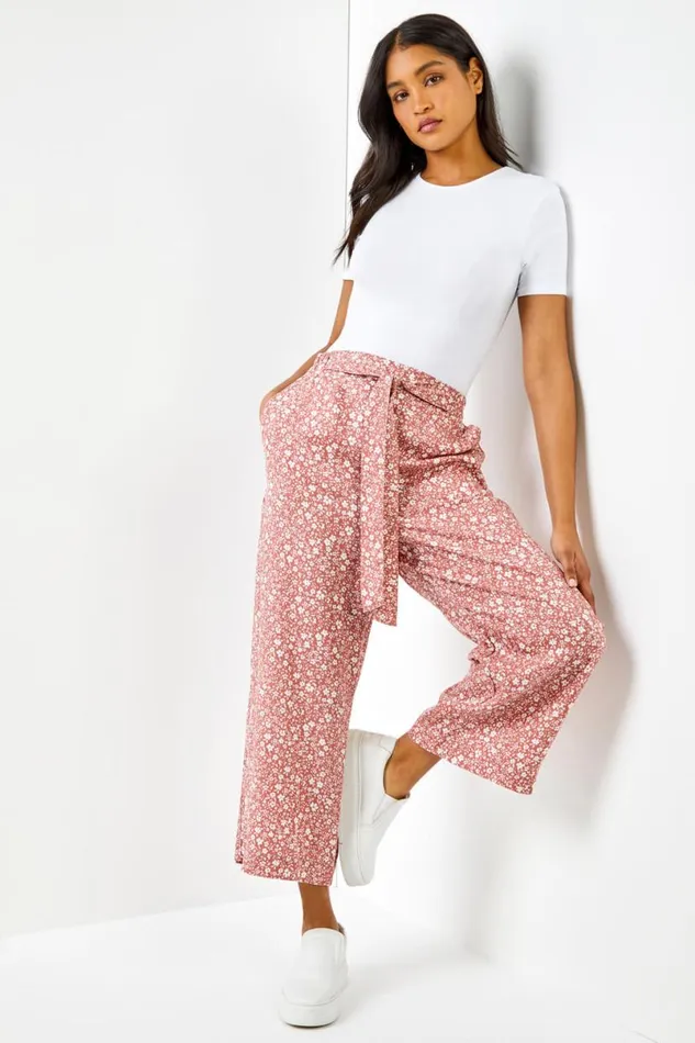 Rust Ditsy Floral Elastic Tie Waist Cropped Culottes Women Roman Trousers