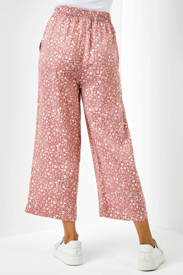 Rust Ditsy Floral Elastic Tie Waist Cropped Culottes Women Roman Trousers