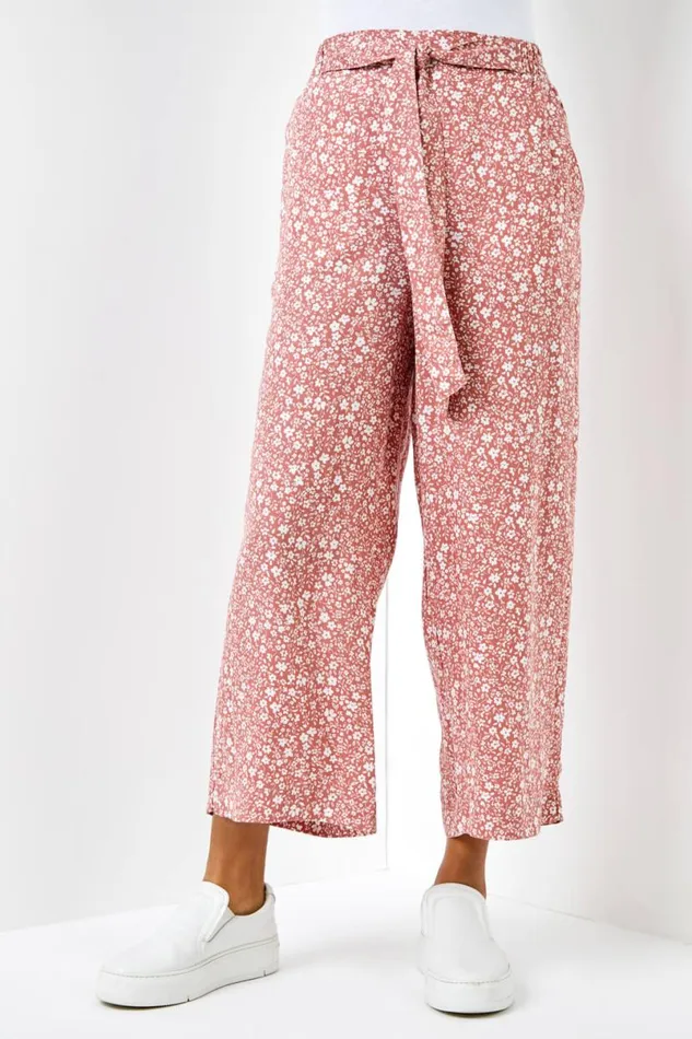 Rust Ditsy Floral Elastic Tie Waist Cropped Culottes Women Roman Trousers