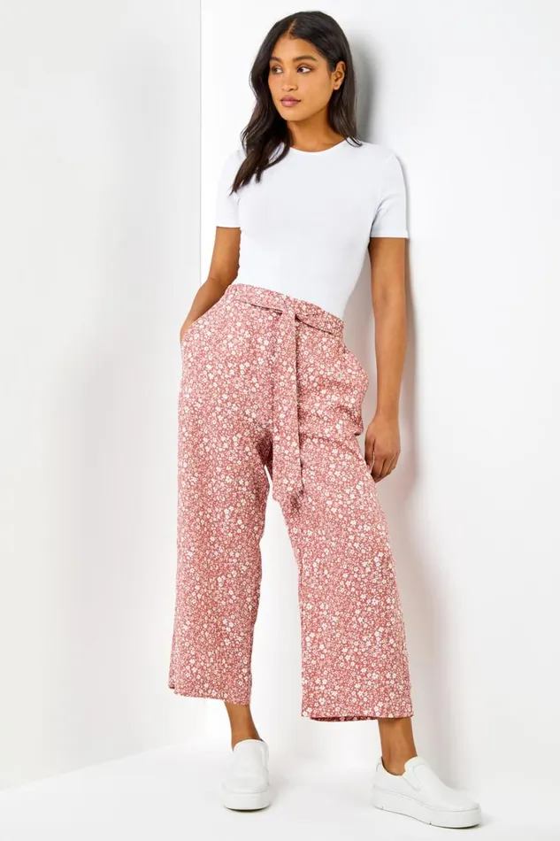 Rust Ditsy Floral Elastic Tie Waist Cropped Culottes Women Roman Trousers