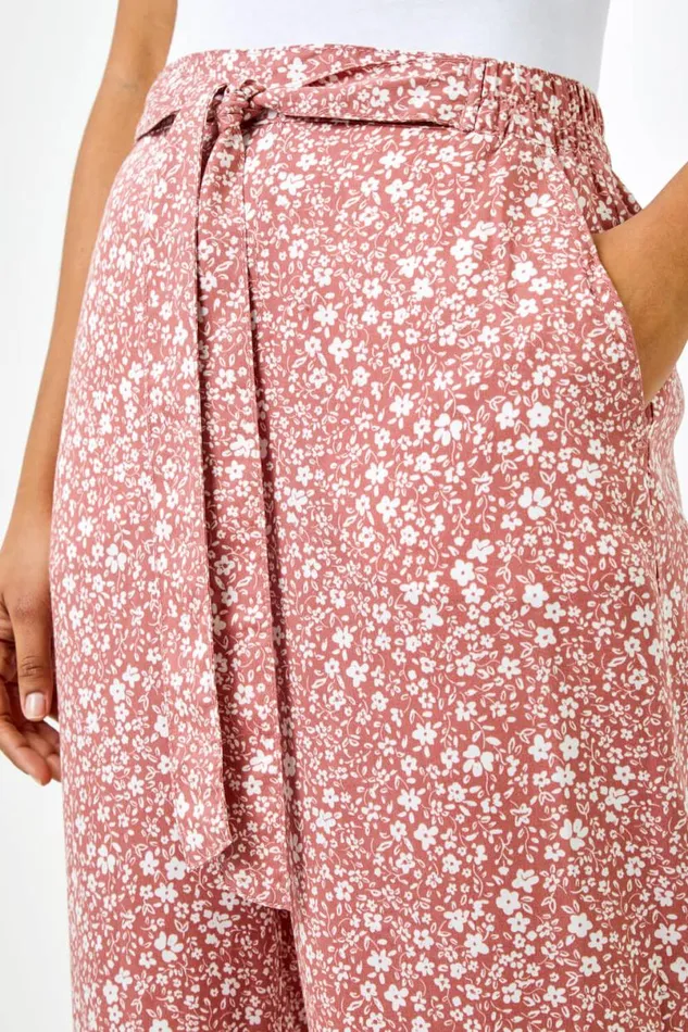 Rust Ditsy Floral Elastic Tie Waist Cropped Culottes Women Roman Trousers