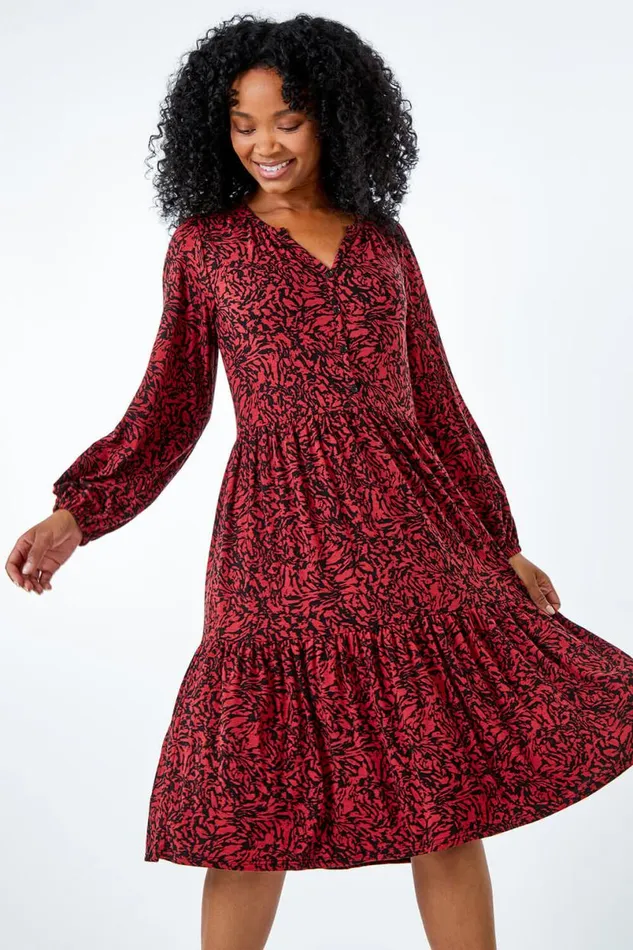 Rust Petite Animal Tiered Stretch Dress Women Roman Dresses