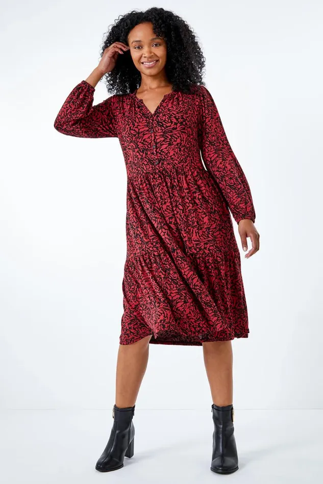 Rust Petite Animal Tiered Stretch Dress Women Roman Dresses