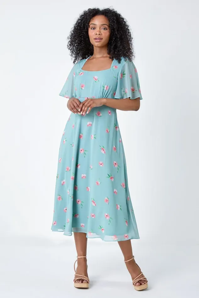Sage Petite Floral Square Neck Midi Dress Women Roman Dresses