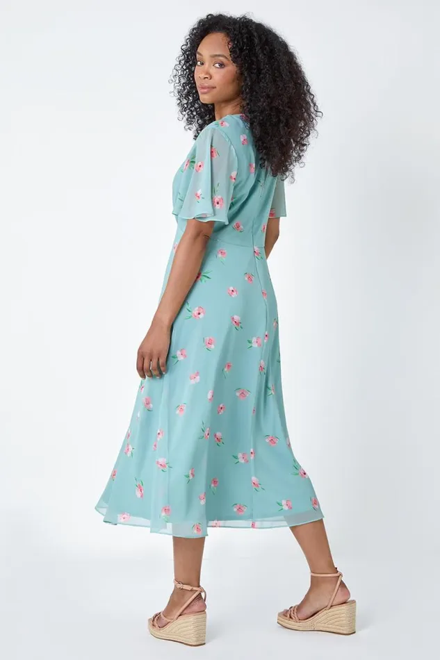 Sage Petite Floral Square Neck Midi Dress Women Roman Dresses