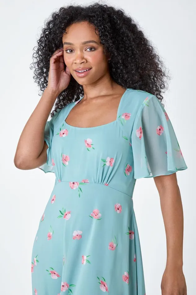 Sage Petite Floral Square Neck Midi Dress Women Roman Dresses