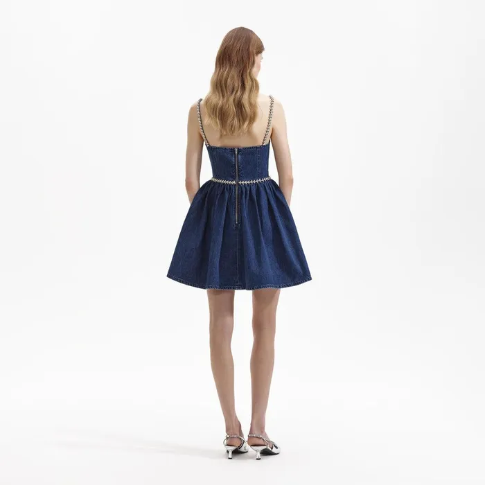 Self Portrait Denim Diamante Bow Denim Mini Dress 8211 Women